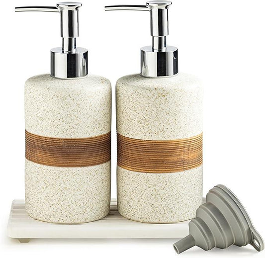 Cormomu 2-Pack Ceramic Soap Dispensers Set, Includes Stainless Steel Pump, Silicone Funnel and Diatomaceous Tray, Hand Soap, Dish Soap, Shampoo and Conditioner Dispenser for Bathroom & Washroom, White - ModernBath