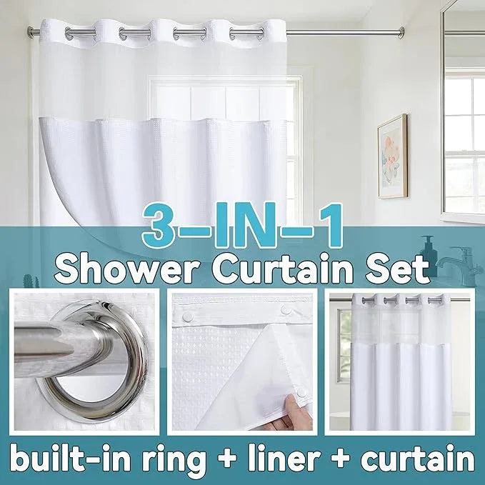 Conbo Mio Stall No Hook Waffle Weave Shower Curtain with Snap in Liner Set, Hotel Luxury White Shower Curtains for Bathroom with See Through Top Window, Waterproof, Washable 36W x 74H - ModernBath