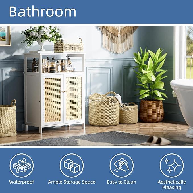 HITNET Bamboo Cabinet, Rattan Storage Cabinet with Doors, Freestanding Floor Cupboard for Bathroom, Living Room, Hallway, White - ModernBath