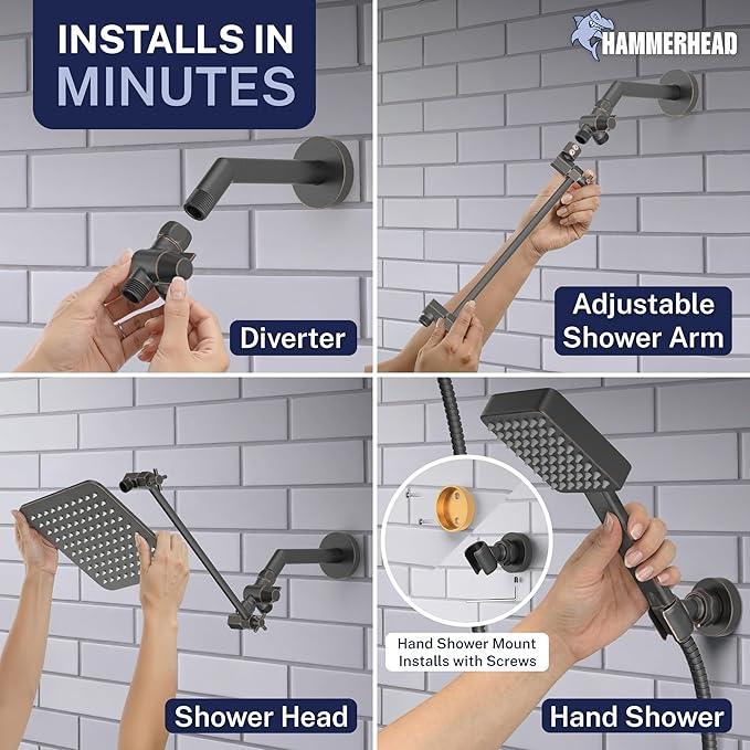 HammerHead® Solid Metal Dual Shower Head Combo — 8" Square Rain Shower Head with Handheld, 12" Adjustable Arm & Wall-Mount Holder for Flexible Installation — Oil Rubbed Bronze - ModernBath