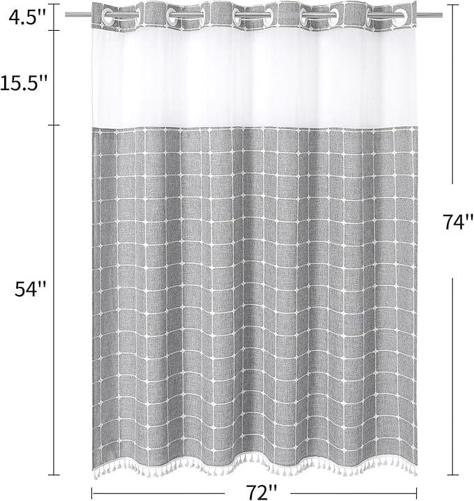 MitoVilla No Hooks Required Farmhouse Shower Curtain with Snap-in Liner - with Window & Magnets, Boho Cotton Linen Fabric Shower Curtains with Tassels for Rustic Bathroom Decor, Grey, 72 x 74 - ModernBath