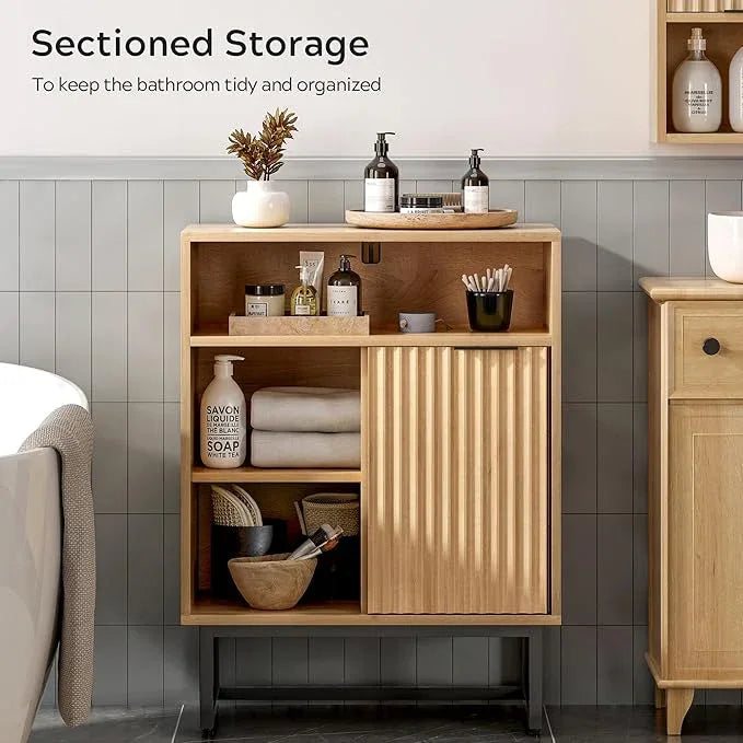 Fluted Bathroom Floor Cabinet with Sliding Door, Modern 3 Drawers Storage Organizer with Black Metal Base Adjustable Shelf Wood Storage Cabinet Freestanding for Bathroom Kitchen Dining Room - ModernBath