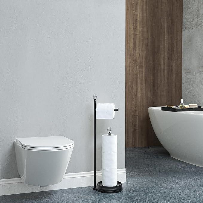 Toilet Paper Holder for Bathroom, Heavy Weighted Metal Free Standing Toilet Paper Holder Stand with Crystal Ball, Toilet Paper Roll Stand for Bathroom Accessories (Matte Black) - ModernBath