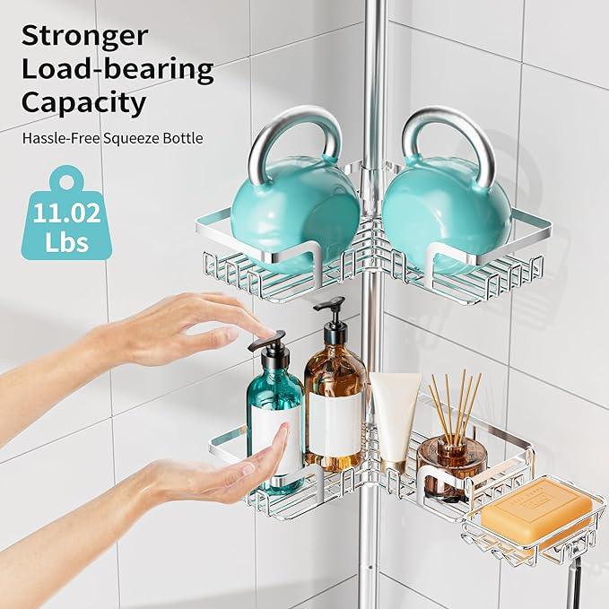 KEGII Shower Caddy Tension Pole – Corner Rustproof Bathroom Organizer with Soap Holder & Hooks, No-Drill Adjustable Shower Shelf for Renters for Families & Renters, 25-114.2 Inch, Silver - ModernBath