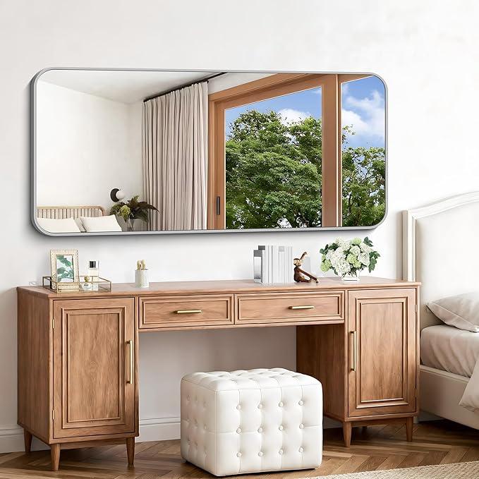 CIVENO Silver Bathroom Mirror, 72 x 30 Inch Large Rectangle Mirror, Rectangular Vanity Mirror Aluminum Metal Frame, Rounded Corner Wall Mirror for Living Room Bedroom Entryway Horizontal/Vertical - ModernBath