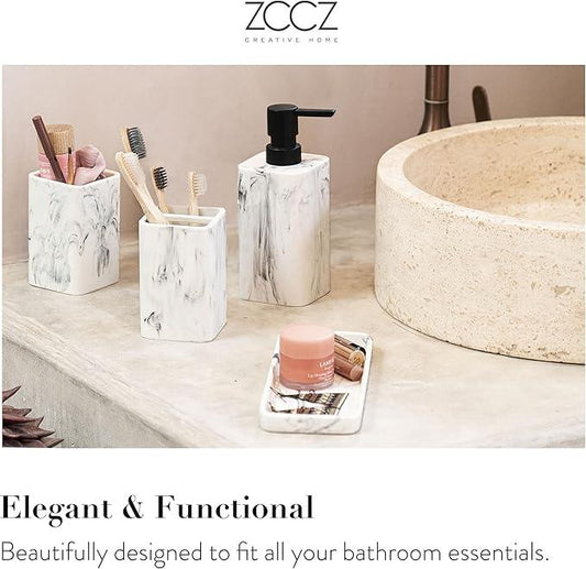 ZCCZ Bathroom Accessory Sets, 4 Pieces Bathroom Accessories Complete Set Vanity Countertop Accessory Set with Marble Look, Includes Lotion Dispenser Soap Pump, Tumbler, Toothbrush Holder and Tray - ModernBath