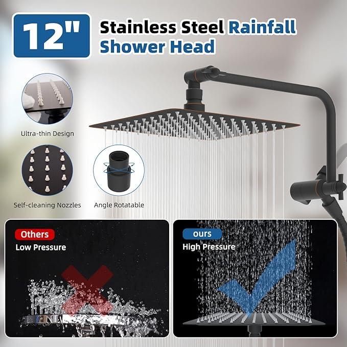 12" All Metal Shower Head, High Pressure 10-Spray Handheld Showerhead Rainfall Shower Head Combo with 11" Adjustable Shower Extension Arm, 71" Hose, Shower Head Holder, Oil Rubbed Bronze - ModernBath