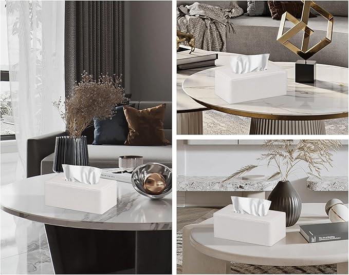 GOLRANLYE Tissue Box Cover Rectangular 9.8"(L) x 5.3"(W) x 4.3"(H) Refined Modern PU Leather Facial Tissue Dispenser Box Holder for Dresser Bathroom Decorative (Linen Beige) - ModernBath