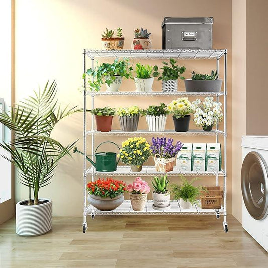 BNSPLY Commercial Wire Shelving Unit with Wheels, 5 Tier Adjustable Wire Shelves with NSF Certified, Heavy Duty Metal Storage Rack Shelf Unit for Kitchen, Garage (17.7" D x 59" W x 71" H, Chrome) - ModernBath