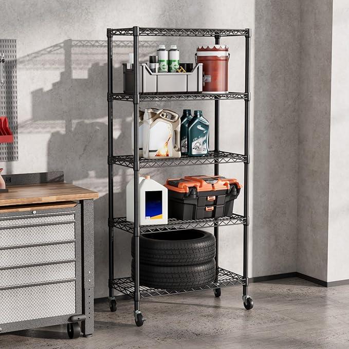 SINGAYE 5 Shelf Adjustable Heavy Duty Storage Shelving Unit with Wheels Steel Organizer Wire Rack Shelves Bathroom Organizers and Shelf Wire Closet Metal Pantry Kitchen Garage 14" DX30 WX70 H Black - ModernBath