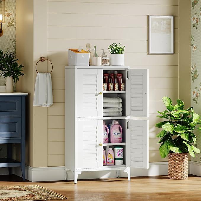 45.87''H Metal Bathroom Floor Storage Cabinet with 4 Doors & Adjustable Shelves, Bathroom Storage Unit, Farmhouse Kitchen Pantry Cabinet,Assembly Required,White - ModernBath