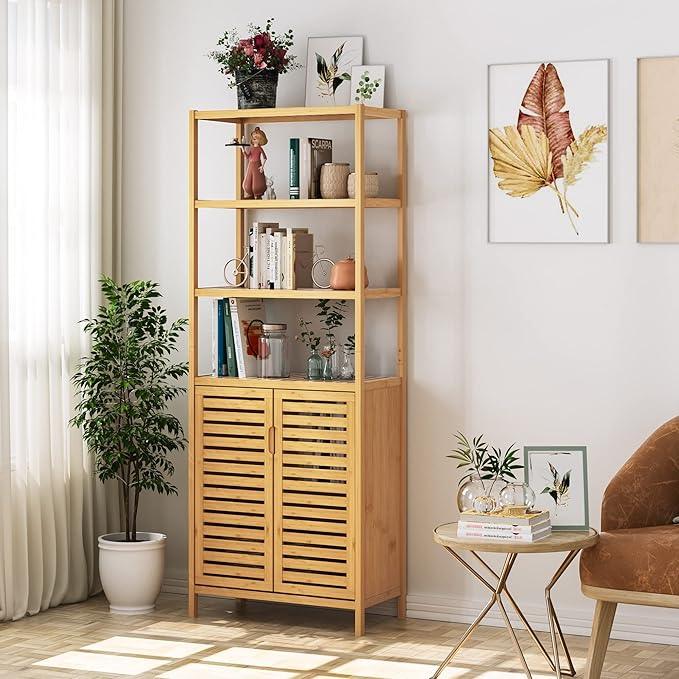 HIFIT Tall Bathroom Storage Cabinet, 66" Bamboo Narrow Bathroom Floor Cabinet with 2 Door & 4-Tier Open Shelves, Corner Tall Cabinets Freestanding Organizer Unit for Bath, Living Room, Entryway,Nature - ModernBath