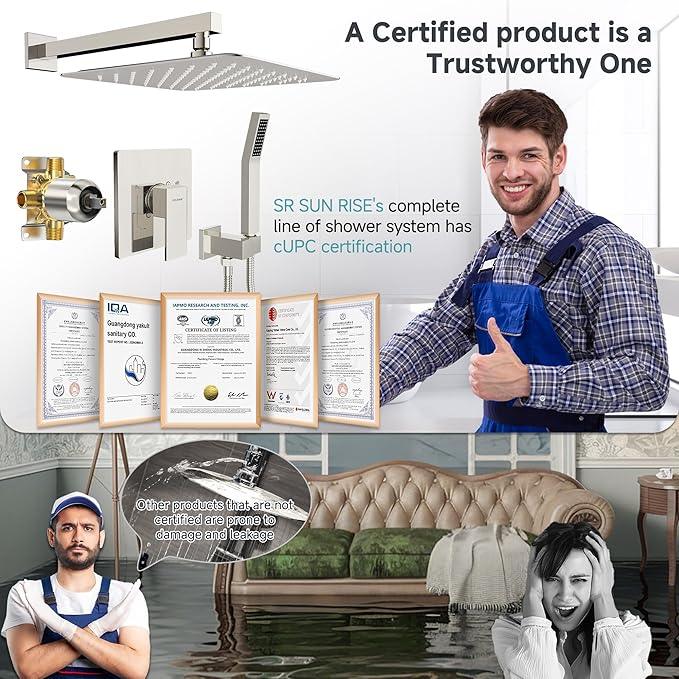 SR SUN RISE Shower Faucet Set & System - 12 Inch Rainfall Shower Head & Handle Set Wall Mounted Brushed Nickel Solid Brass Valve Trim Kit Included - ModernBath