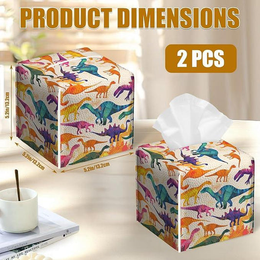 Cute Dinosaur Tissue Box Cover 2PCS, Leather Tissue Box Holder Square Facial Paper Case Tissue Box Cube Organizer for Bathroom Bedroom Desk Office - ModernBath