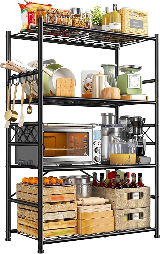 Storage Shelves 4-Tier Large Capacity Metal Shelving with Hooks, Heavy Duty Garage Shelving Unit with Leveling Feet, Stable Metal Shelves for Pantry, Kitchen and Closet,36" W x 12" D x 60" H, Black - ModernBath