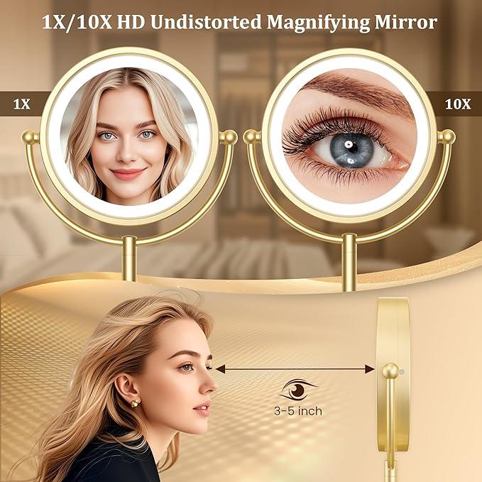VESAUR 8.5'' Large Gold Lighted Makeup Mirror, 1X/10X Clear Seamless Magnifying Mirror, Bright Vanity Mirror with 3 Colors Dimmable Lights, Two-Sided 360°Rotation Stable Base, Luxury Nickel, Gift Box - ModernBath