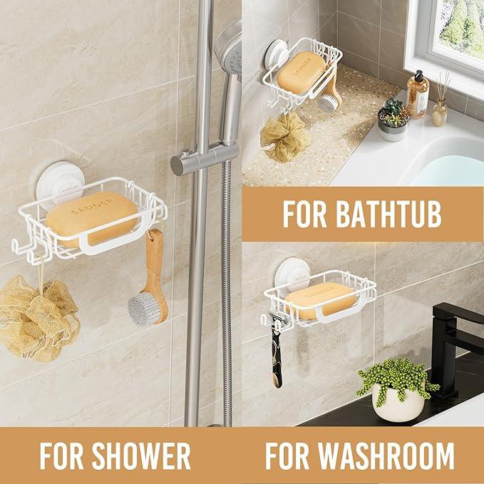 LEVERLOC Soap Holder Dish with Hooks for Shower, Bar Suction Cup Soap Tray Wall Mounted, Rustproof Stainless Steel Sponge Holder Caddy for Bathroom Bathtub Kitchen Sink, White - ModernBath