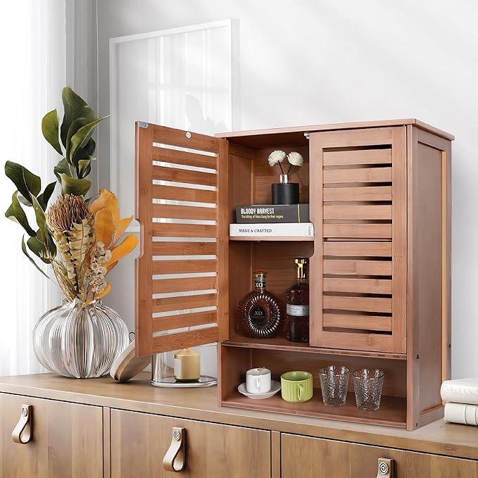 HYNAWIN Bamboo Wall Cabinet, Over Toilet Bathroom Furniture, Wall Mounted Storage Medicine Cabinet with Two Doors & Adjustable Shelves, for Bathroom, Kitchen, Living Room, Walnut, Dark Brown - ModernBath