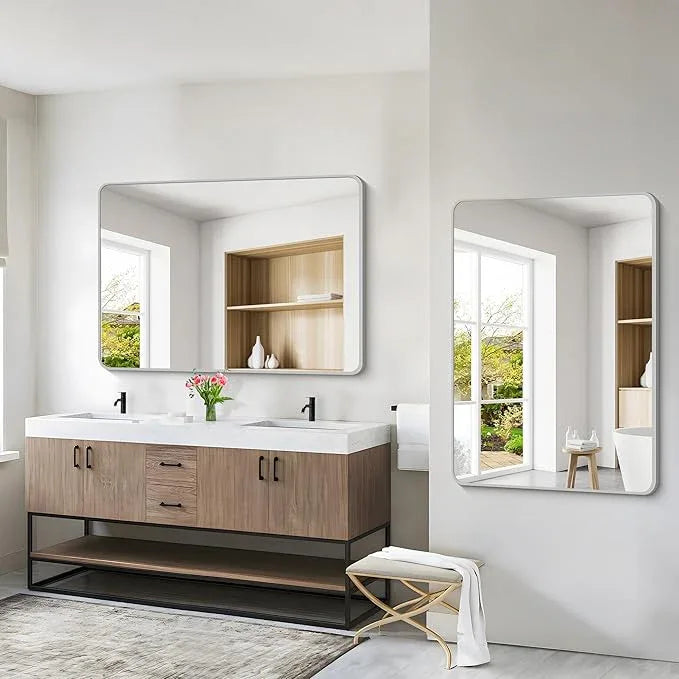 CIVENO 48x36 Inch Silver Bathroom Mirror, Large Rectangular Vanity Mirror, Metal Framed Rectangle Mirrors, Rounded Corner Wall Mounted Mirrors for Living Room Bedroom Entryway Horizontal or Vertical - ModernBath