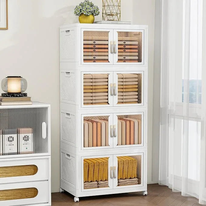 Large Stackable Storage Bins with Lids, 440QT-110QT*4Tier Foldable Cabinet for Closet Organizers, Plastic Storage Containers Box with Wheels - ModernBath