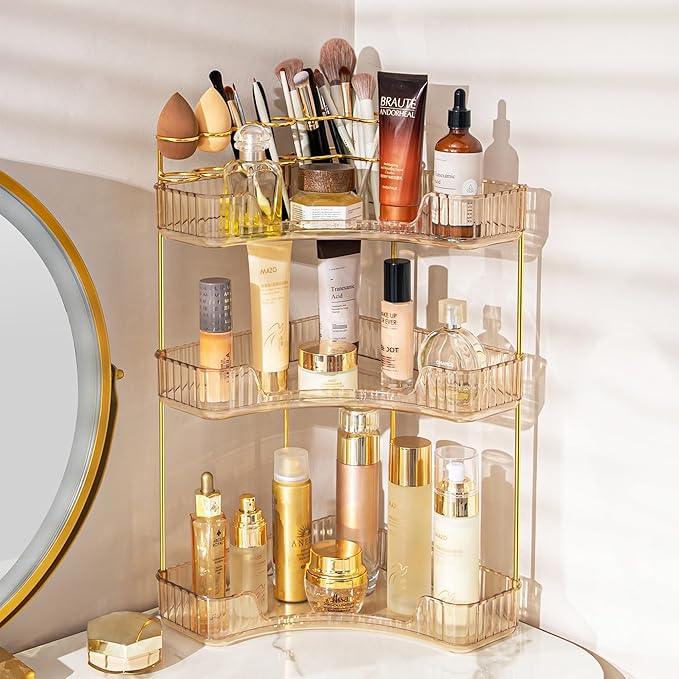 shuang qing Upgraded 3-Tier Corner Bathroom Countertop Organizer – Spacious Storage for Makeup, Skincare & Perfumes, Built-in Brush Holder Fits Vanity/Dresser/Bsthtub (Vintage Gold) - ModernBath