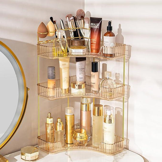 shuang qing Upgraded 3-Tier Corner Bathroom Countertop Organizer – Spacious Storage for Makeup, Skincare & Perfumes, Built-in Brush Holder Fits Vanity/Dresser/Bsthtub (Vintage Gold) - ModernBath