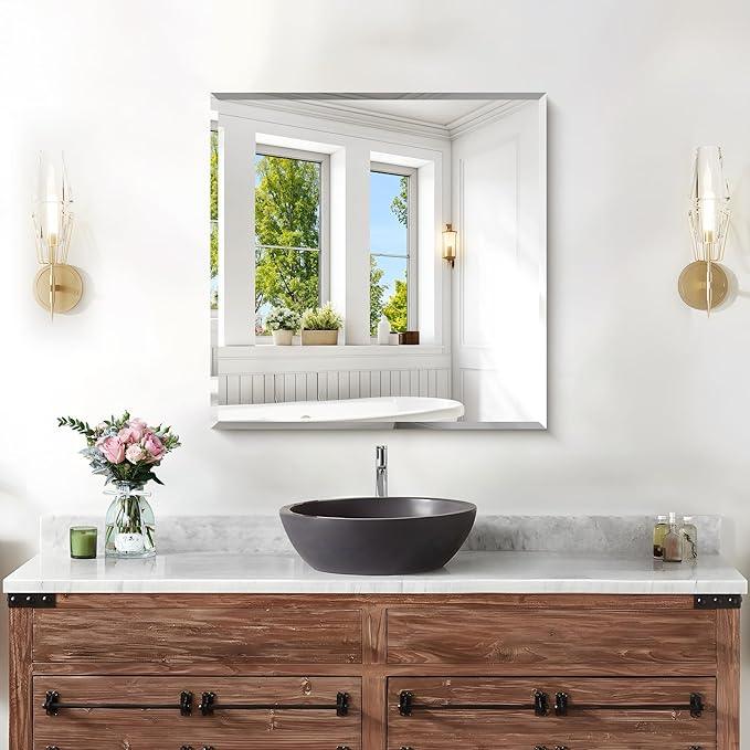 KOCUUY Beveled Square Mirror, 24x24 Inch Frameless Bathroom Mirror for Over Sink, Upgraded Shatterproof Beveled Unframed Design Mirror for Bathroom, Bedroom, Hang Horizontal/Vertical - ModernBath