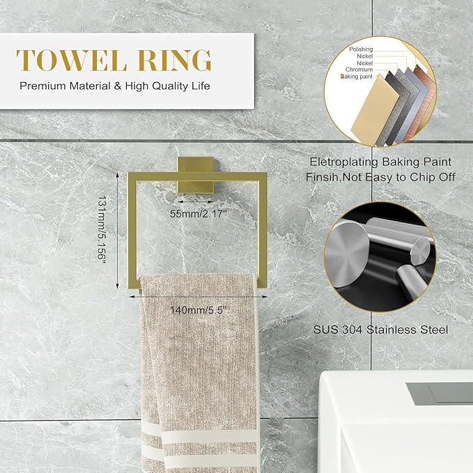 Bathroom Accessory Towel Bar Set: 20 Pieces Gold Bathroom Hardware Square SUS304 Stainless Steel - Wall Mounted Towel Rack&Toilet Paper Holder&Towel Ring and Towel Hook - ModernBath