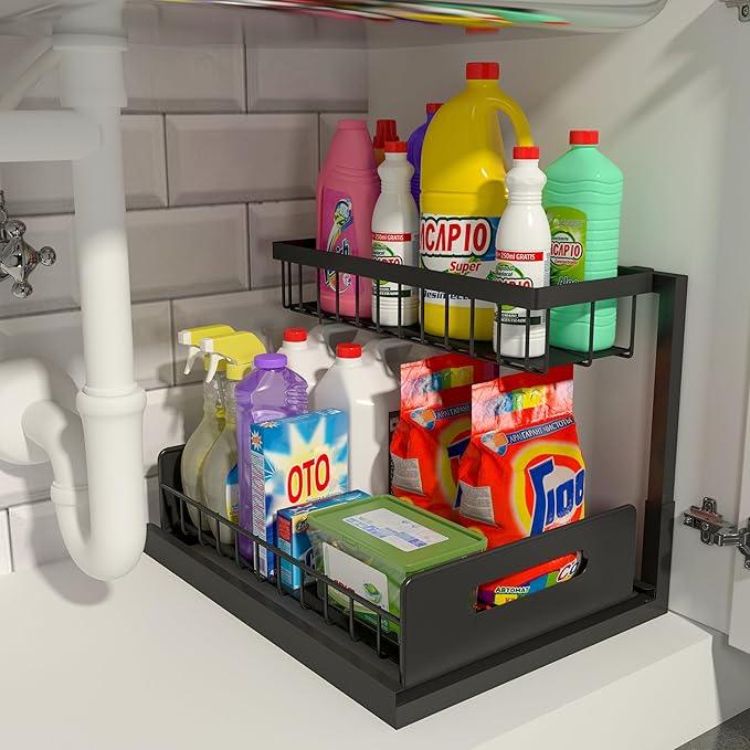 REALINN Under Sink Organizer, Pull Out Cabinet Storage 2 Tier Slide Out Sink Shelf, Kitchen Organizers and Storage, Black, 1 Pack - ModernBath