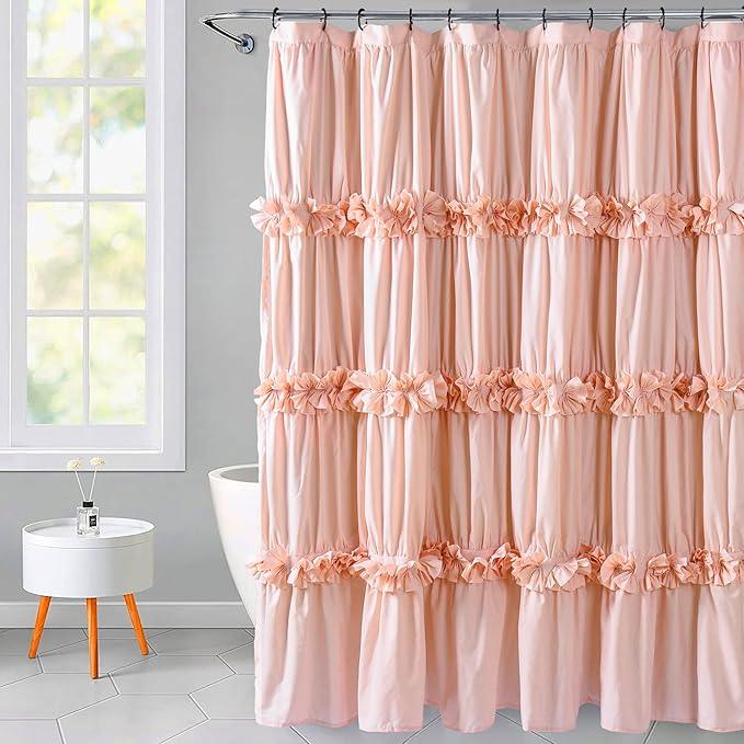 Homechoice Decor Peach Ruffle Shower Curtain, Vintage Handcrafted Bow Tie Bath Curtain for Master Bathroom, Ruched Microfiber Bathroom Curtain with 12 Buttonholes, 72" W x 72" H (LQ-10) - ModernBath