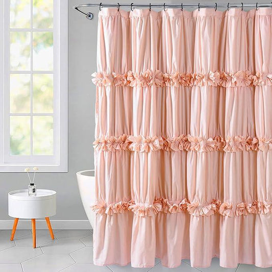 Homechoice Decor Peach Ruffle Shower Curtain, Vintage Handcrafted Bow Tie Bath Curtain for Master Bathroom, Ruched Microfiber Bathroom Curtain with 12 Buttonholes, 72" W x 72" H (LQ-10) - ModernBath