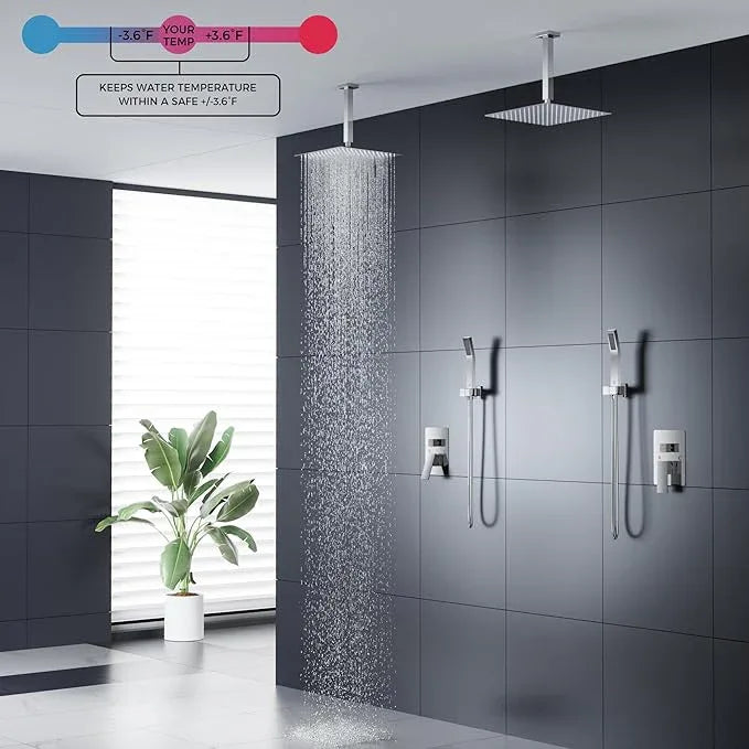 FORIOUS Shower Head System, 12 Inch Rain Shower Faucet Set with Handheld Spray Combo Rough-in Valve, Solid Brass Pressure Balanced Valve Trim Kit, Ceiling Mount, Chrome - ModernBath