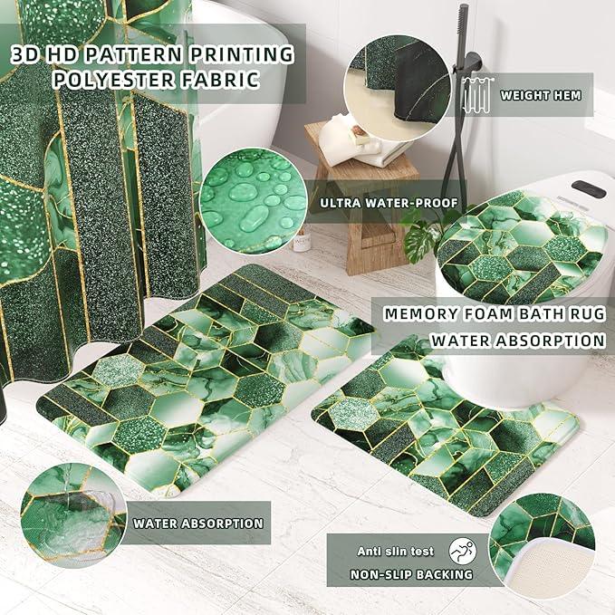 XLHOMO Bathroom Set - 26PC Bathroom Set with Shower Curtain and Rugs, Bathroom Accessory Set, Dark Green Bathroom Accessories Set, Trash Can & Soap Dispenser - ModernBath