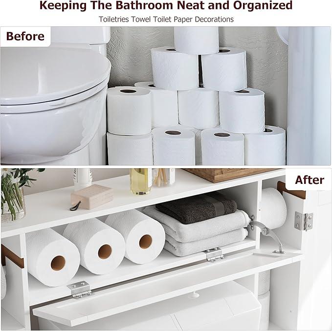 Over The Toilet Storage Cabinet, Bathroom Space Saver with Paper Holder and Adjustable Shelves, Freestanding Toilet Cabinet Organizer with 2 Side Doors and Pull-Down Door, White - ModernBath