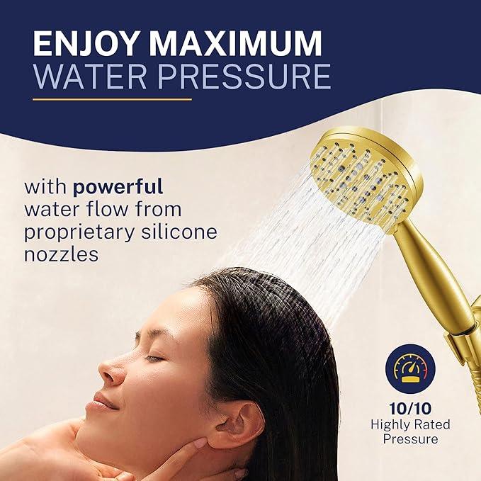 HammerHead Showers® Solid Metal 3-Spray Handheld Shower Head with Long Hose and Holder - BRUSHED GOLD - WIDE, MASSAGE, and MIST Sprays - 1.8 GPM Low Flow Handheld Showerhead - Water Saving Shower Head - ModernBath