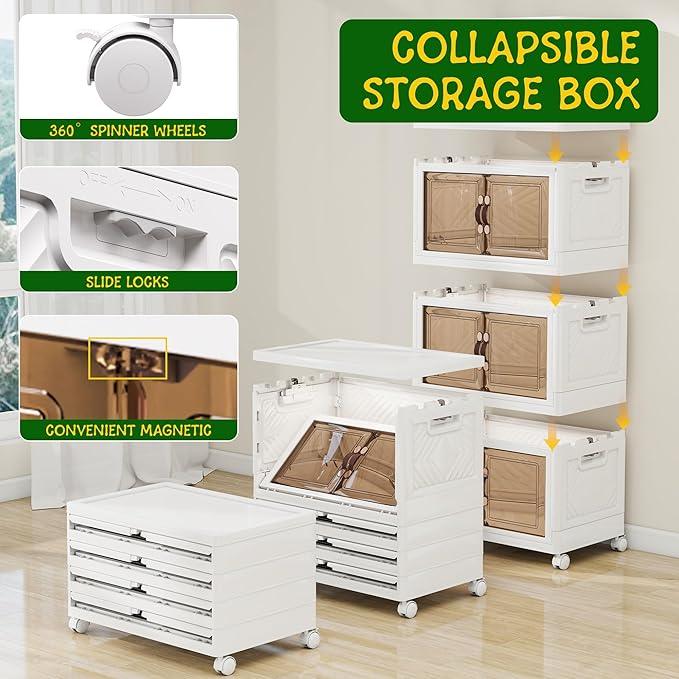 Storage Bins with 2 Lids and Wheels, 990QT-165QT*6Tier Collapsible Bathroom Storage Cabinet with Clear Doors, Plastic Stackable Closet Organizers and Containers White - ModernBath