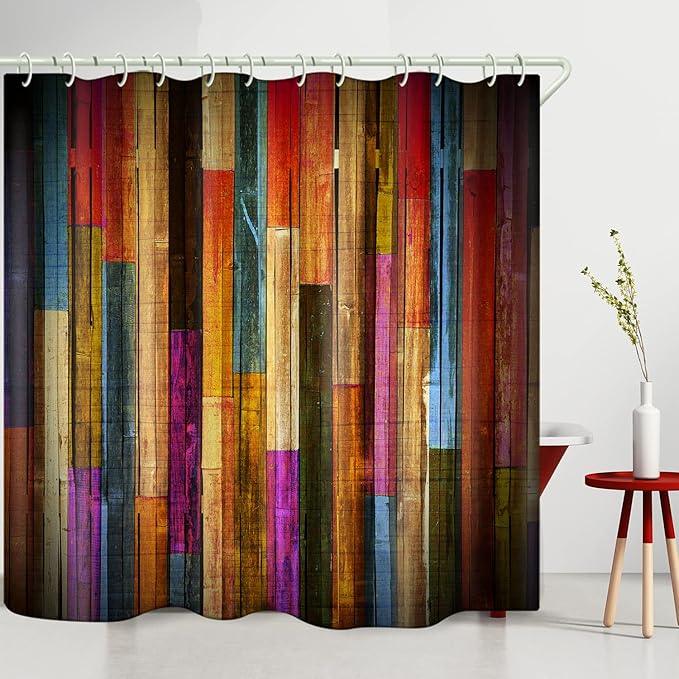 LYFANS Shower Curtains Waterproof Polyester Fabric,Large Width Bright Partition Curtain with Color Striped Planks Print,Shower Curtain Liner for Bathtub Bathroom with 12 White Hooks (72 x72 inches) - ModernBath