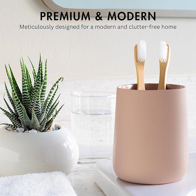 Yew Design Matte Dusty Pink/Mauve Toothbrush and Toothpaste Holder and Cup for Bathroom Vanity and Countertop, Round Organizer for Electric Toothbrushes, Floss, Razors, Cotton, and Mouthwash - ModernBath