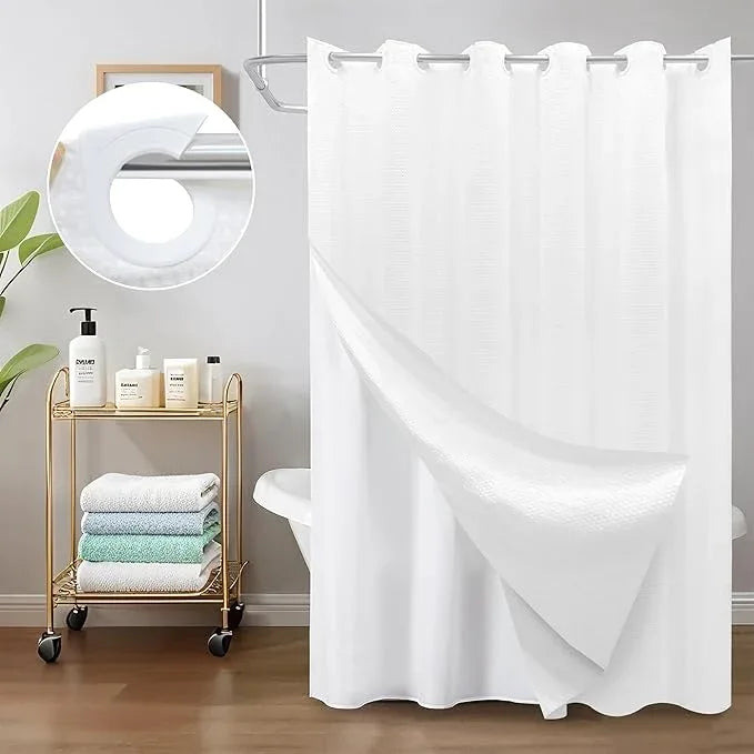 Inhousolu No Hook Waffle Weave Shower Curtain with Removable Snap in Fabric Liner Set for Bathroom, 230 GSM Heavy Duty, Water Repellent Washable Bath Curtains (White, 72" W x 78" L(Pack of 1)) - ModernBath