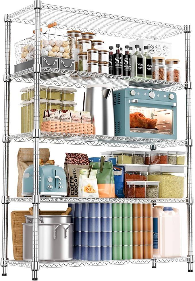5 Tiers Shelf 1750 lbs Steel Storage Shelving Utility Shelving Unit Steel Organizer Wire Rack for Home,Kitchen,Office,Garage Chrome 17.7" D x 47.2" W x 72.4" H - ModernBath