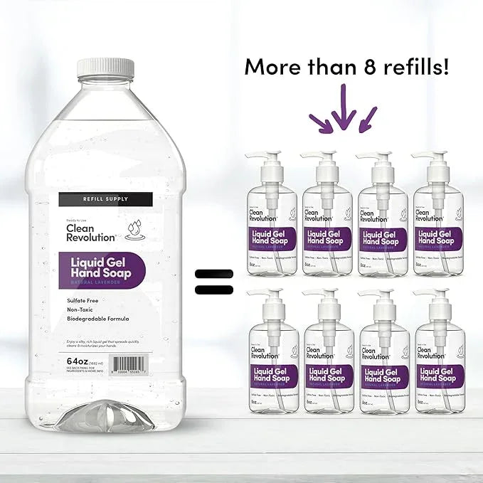 Clean Revolution Liquid Gel Hand Soap, Silky Rich Liquid, Quick Lather, Fast Rinsing, Contains Real Essential Oils (Natural Lavender) 64 Fl Oz - ModernBath