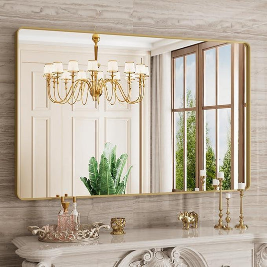 JISOSO Gold Bathroom Mirror, 48x30 Inch Brushed Gold Metal Frame Mirror for Wall, Rounded Rectangle Bathroom Vanity Mirror, Tempered Glass, Anti-Rust, Horizontal/Vertical - ModernBath