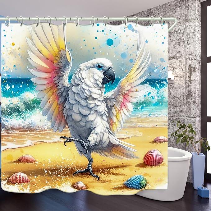 LYFANS Bathroom Uses A Dancing White Parrot On The Beach 3D Shower Curtain, Luxury Bathtub Standard Shower Curtain, Waterproof and Bright Fabric Shower Curtains, Size (72x72 Inches) - ModernBath