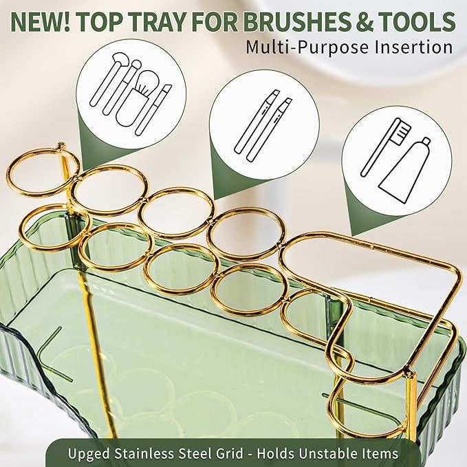 shuang qing Upgraded 3-Tier Corner Bathroom Countertop Organizer – Spacious Storage for Makeup, Skincare & Perfumes, Built-in Brush Holder Fits Vanity/Dresser/Bsthtub (Sage Green) - ModernBath