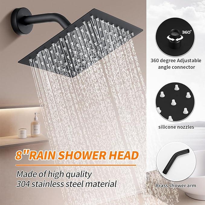 Black Shower Faucet Single Function Trim Kit with Rough-in Valve Set Bath Rainfall Shower System 8inch Square Stainless Steel Metal Shower Head - ModernBath