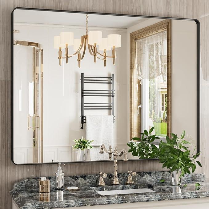 JISOSO Black Bathroom Mirror 48X36 Inch, Black Metal Framed Mirror for Wall, Rounded Rectangle Matte Bathroom Vanity Mirror with Tempered Glass, Anti-Rust, Horizontal/Vertical - ModernBath