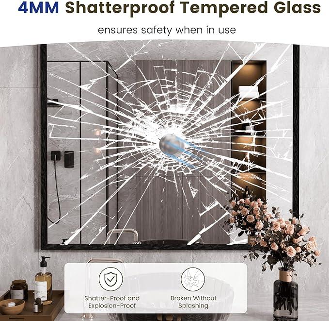 WEER Black Framed Mirror, 40X36 Inch Matte Black Wall Mirror for Bathroom, Rectangular Black Bathroom Vanity Mirror, Tempered Glass, Anti-Rust, Hangs Horizontal or Vertical - ModernBath