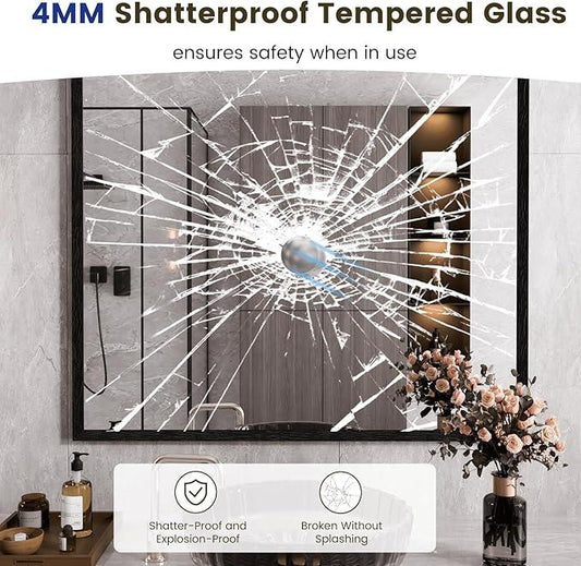 WEER Black Framed Mirror, 40X36 Inch Matte Black Wall Mirror for Bathroom, Rectangular Black Bathroom Vanity Mirror, Tempered Glass, Anti-Rust, Hangs Horizontal or Vertical - ModernBath