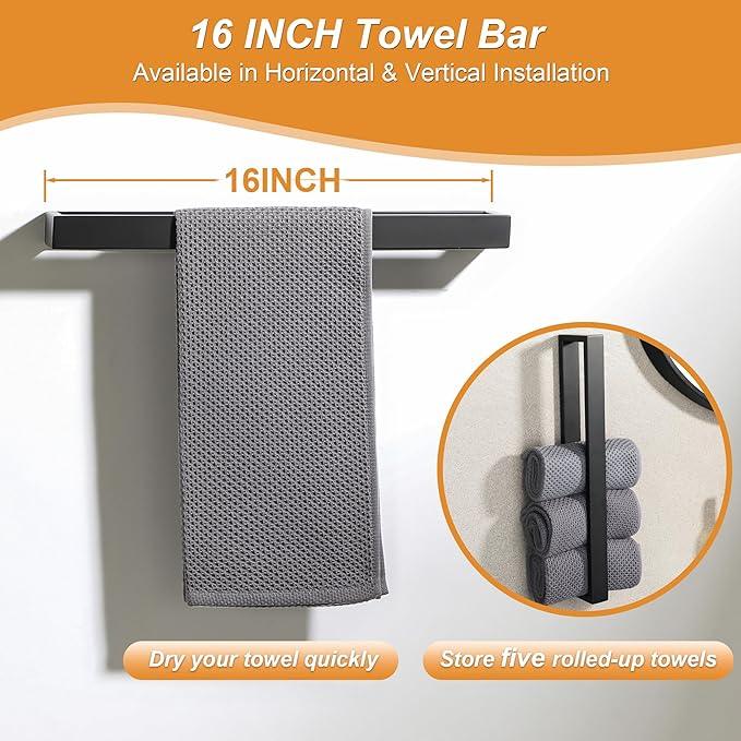 SAYAYO 7-Piece Bathroom Hardware Set Black, Includes 16 Inch Towel Bar, Towel Ring, Toilet Paper Holder & 4Pcs Coat Hooks Wall Mount, Towel Racks for Bathroom Accessories Set SUS304 Stainless Steel - ModernBath