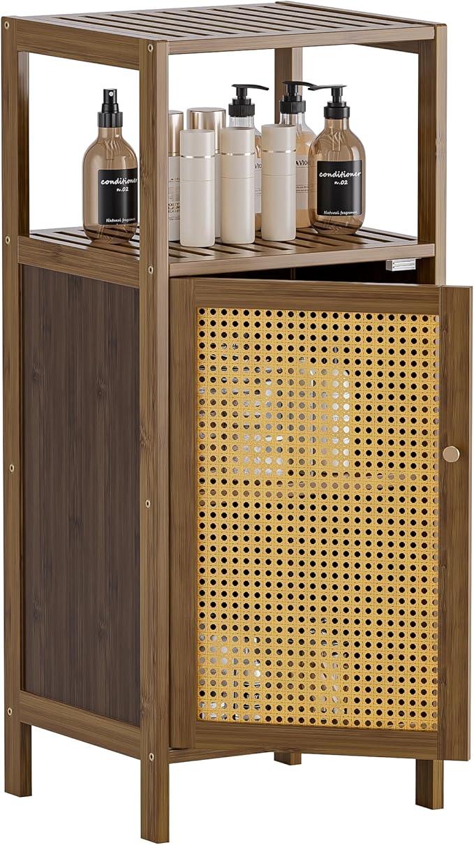 HITNET Rattan Bathroom Floor Cabinet, Bamboo Storage Cupboard with Single Door, Freestanding Small Living Room Sideboard, Space Saving Entryway Storage Unit, Walnut - ModernBath